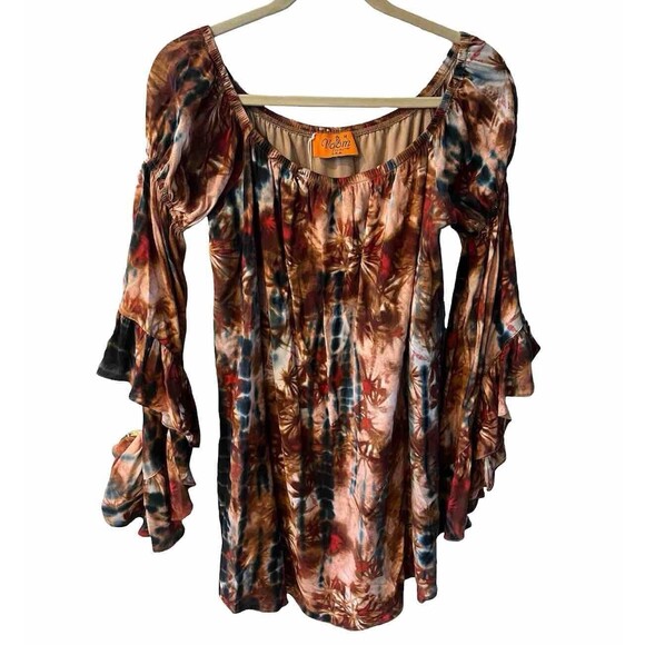 Voom joy han Tunic Womens M Tie Dye Off Shoulder Dress Cascading Angel Sleeve - Picture 1 of 7